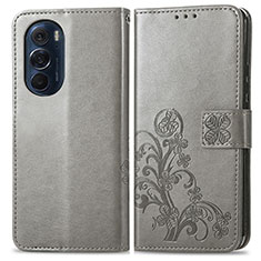 Leather Case Stands Flip Flowers Cover Holder for Motorola Moto Edge X30 5G Gray