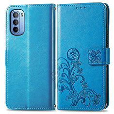 Leather Case Stands Flip Flowers Cover Holder for Motorola Moto G41 Blue