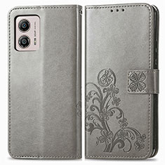 Leather Case Stands Flip Flowers Cover Holder for Motorola Moto G53y 5G Gray