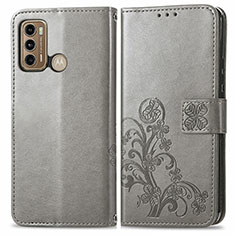 Leather Case Stands Flip Flowers Cover Holder for Motorola Moto G60 Gray