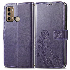 Leather Case Stands Flip Flowers Cover Holder for Motorola Moto G60 Purple