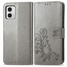 Leather Case Stands Flip Flowers Cover Holder for Motorola Moto G73 5G Gray