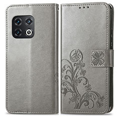 Leather Case Stands Flip Flowers Cover Holder for OnePlus 10 Pro 5G Gray