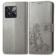 Leather Case Stands Flip Flowers Cover Holder for OnePlus 10T 5G Gray