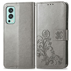 Leather Case Stands Flip Flowers Cover Holder for OnePlus Nord 2 5G Gray