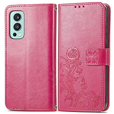 Leather Case Stands Flip Flowers Cover Holder for OnePlus Nord 2 5G Hot Pink