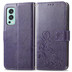 Leather Case Stands Flip Flowers Cover Holder for OnePlus Nord 2 5G Purple