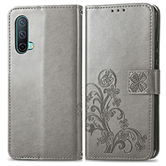 Leather Case Stands Flip Flowers Cover Holder for OnePlus Nord CE 5G Gray