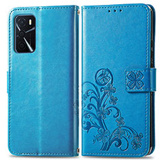 Leather Case Stands Flip Flowers Cover Holder for Oppo A16 Blue