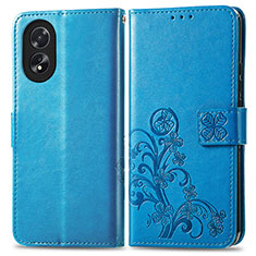 Leather Case Stands Flip Flowers Cover Holder for Oppo A18 Blue