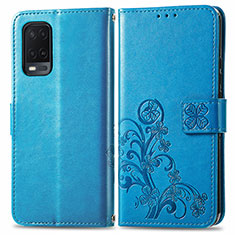 Leather Case Stands Flip Flowers Cover Holder for Oppo A54 4G Blue