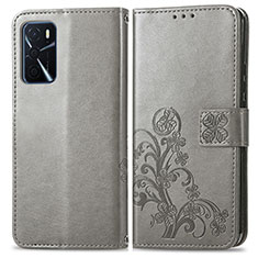 Leather Case Stands Flip Flowers Cover Holder for Oppo A54s Gray