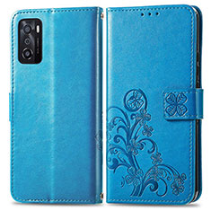 Leather Case Stands Flip Flowers Cover Holder for Oppo A55S 5G Blue