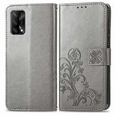 Leather Case Stands Flip Flowers Cover Holder for Oppo A74 4G Gray