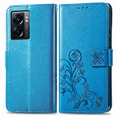 Leather Case Stands Flip Flowers Cover Holder for Oppo A77 5G Blue