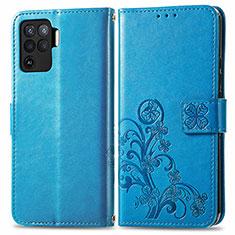 Leather Case Stands Flip Flowers Cover Holder for Oppo A94 4G Blue