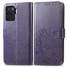 Leather Case Stands Flip Flowers Cover Holder for Oppo A94 4G Purple