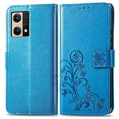 Leather Case Stands Flip Flowers Cover Holder for Oppo F21 Pro 4G Blue