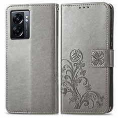 Leather Case Stands Flip Flowers Cover Holder for Oppo K10 5G India Gray