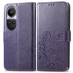 Leather Case Stands Flip Flowers Cover Holder for Oppo Reno10 5G Purple