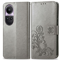 Leather Case Stands Flip Flowers Cover Holder for Oppo Reno10 Pro 5G Gray
