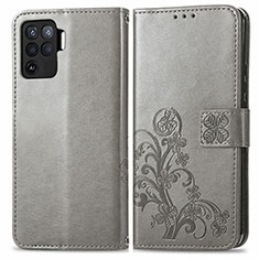 Leather Case Stands Flip Flowers Cover Holder for Oppo Reno5 F Gray
