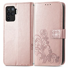 Leather Case Stands Flip Flowers Cover Holder for Oppo Reno5 F Pink