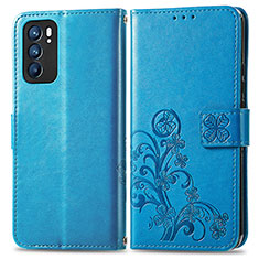 Leather Case Stands Flip Flowers Cover Holder for Oppo Reno6 5G Blue