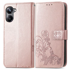 Leather Case Stands Flip Flowers Cover Holder for Realme 10 Pro 5G Rose Gold