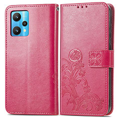 Leather Case Stands Flip Flowers Cover Holder for Realme 9 4G Hot Pink