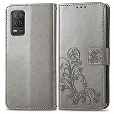 Leather Case Stands Flip Flowers Cover Holder for Realme 9 5G India Gray