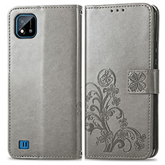 Leather Case Stands Flip Flowers Cover Holder for Realme C11 (2021) Gray