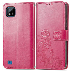 Leather Case Stands Flip Flowers Cover Holder for Realme C20 Hot Pink