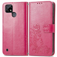 Leather Case Stands Flip Flowers Cover Holder for Realme C21 Hot Pink