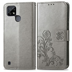 Leather Case Stands Flip Flowers Cover Holder for Realme C21Y Gray