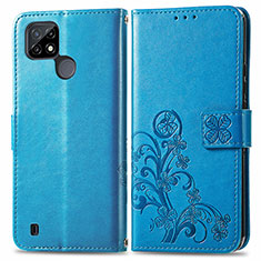 Leather Case Stands Flip Flowers Cover Holder for Realme C25Y India Blue