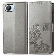 Leather Case Stands Flip Flowers Cover Holder for Realme C30s Gray