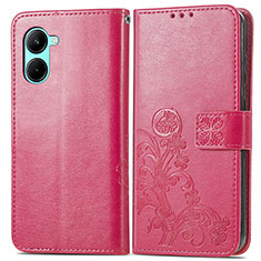 Leather Case Stands Flip Flowers Cover Holder for Realme C33 (2023) Hot Pink