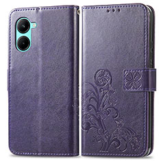 Leather Case Stands Flip Flowers Cover Holder for Realme C33 (2023) Purple