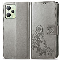 Leather Case Stands Flip Flowers Cover Holder for Realme C35 Gray