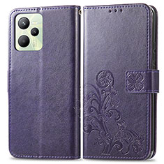 Leather Case Stands Flip Flowers Cover Holder for Realme C35 Purple