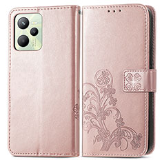 Leather Case Stands Flip Flowers Cover Holder for Realme C35 Rose Gold