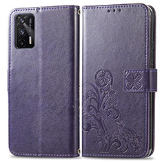 Leather Case Stands Flip Flowers Cover Holder for Realme GT 5G Purple