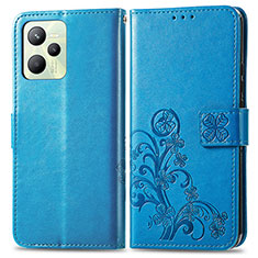 Leather Case Stands Flip Flowers Cover Holder for Realme Narzo 50A Prime Blue