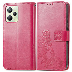 Leather Case Stands Flip Flowers Cover Holder for Realme Narzo 50A Prime Hot Pink