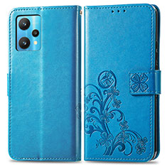 Leather Case Stands Flip Flowers Cover Holder for Realme Q5 5G Blue