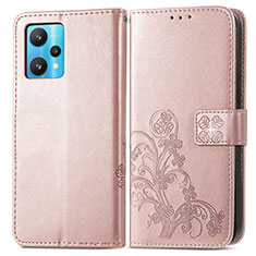 Leather Case Stands Flip Flowers Cover Holder for Realme V25 5G Rose Gold