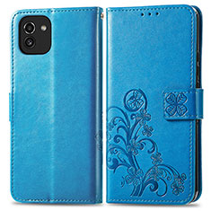 Leather Case Stands Flip Flowers Cover Holder for Samsung Galaxy A03 Blue