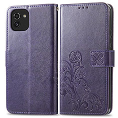 Leather Case Stands Flip Flowers Cover Holder for Samsung Galaxy A03 Purple