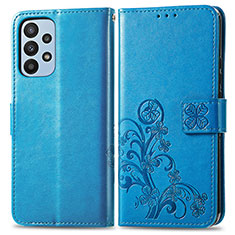 Leather Case Stands Flip Flowers Cover Holder for Samsung Galaxy A23 5G Blue